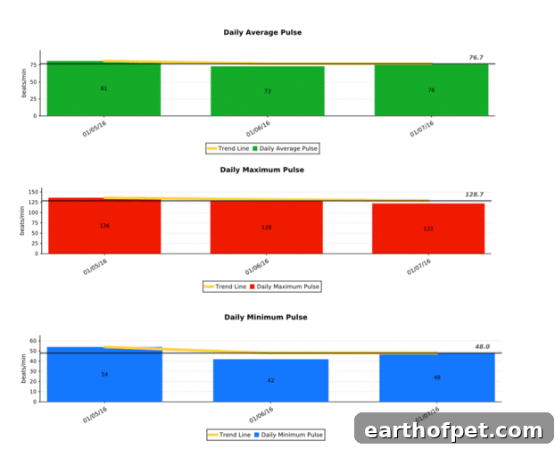 Daily average, max and min pulse rates