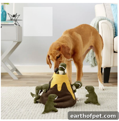 Dog with dinosaur squeaker toy.